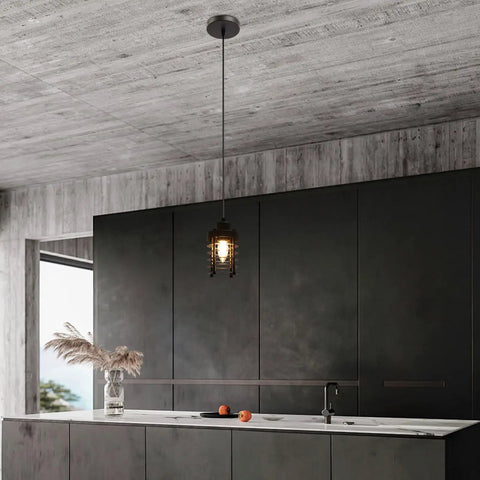 Vintage Iron Cage Pendant Light, Industrial Hanging Lamp Rustic, 47" above modern kitchen island with concrete ceiling.