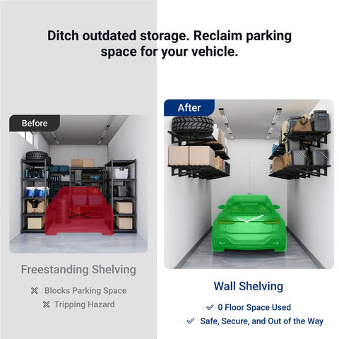 Heavy Duty 2X4 Floating Wall Shelves Pack Solid Black Garage Storage Rack Locks Down 600 Pounds Of Power Tools Workshop Gear And Bulky Gear Stress Free