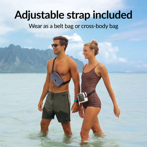 Two people wearing 100 Percent Waterproof Fanny Pack For Beach And Travel, Fully Submersible IP67 Dry Bag For Phone, crossbody style