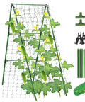 Heavy Duty 47 By 16 Inch A Frame Garden Trellis For Climbing Cucumbers Beans Peas And Other Vines With Netting For Outdoor Raised Beds Plant Support And Wind Resistant Steel Construction, showing green trellis with net, stakes, and connectors