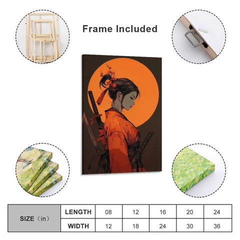 Anime Samurai Girl Sunset Canvas Wall Art Prints Fade Resistant Classical Home Decor For Bedroom Bathroom Living Room Office 12x18 Inch with frame.