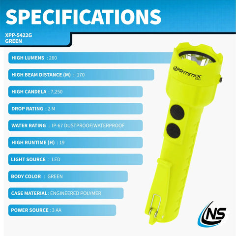 Intrinsically Safe Permissible Dual-Light Flashlight With 160 Lumen Beam And 130 Lumen Flood, 170 Meter Beam, Green
