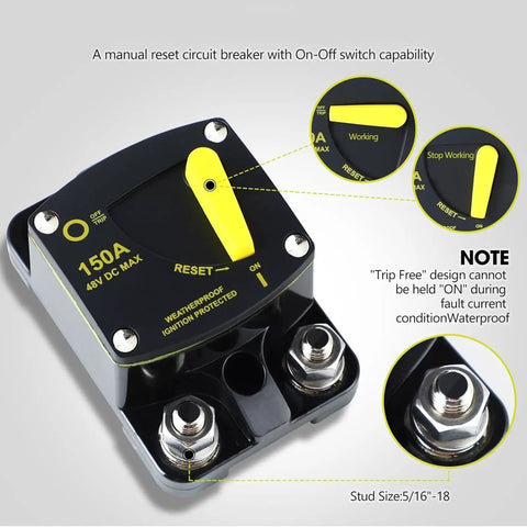 Manual Reset Circuit Breaker 300A High Amperage Switch For Truck Boat Trolling Motor Car Stereo Systems Solar Panels Battery Backup And RV Power Distribution Blocks Rig Ready with On-Off switch.