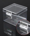 Clear box with self adhesive cabinet hinges set for wooden boxes and small furniture, focus on mini clear acrylic hinges for DIY projects.