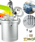 Heavy Duty Gallon Pressure Paint Tank With Dual Hose Spray Gun For Drip Free Smooth Coverage On Decks Fences Exterior Walls And Wooden Furniture Kill Weekend DIY Jobs Like A Pro, silver steel tank with spray gun and hoses.