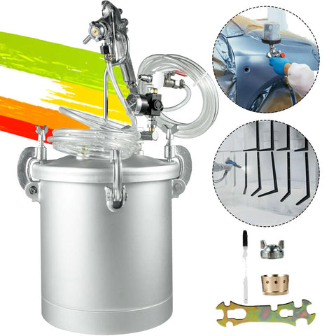 Heavy Duty Gallon Pressure Paint Tank With Dual Hose Spray Gun For Drip Free Smooth Coverage On Decks Fences Exterior Walls And Wooden Furniture Kill Weekend DIY Jobs Like A Pro, silver steel tank with spray gun and hoses.