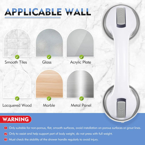 Infographic showing 12 Inch Suction Cup Grab Bars for Bathtub and Shower usage on various surfaces like tile and glass, 2 pack