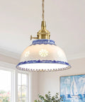 Ceramic Blue and White Pendant Light,Porcelain Light Fixture Kitchen Island, hanging light with brass accents and floral design.