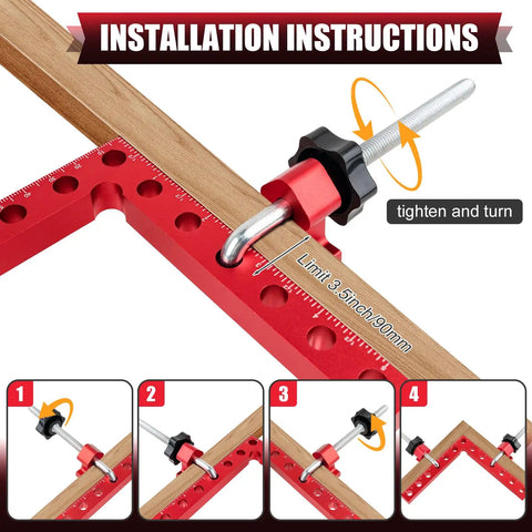 Corner Clamps For Woodworking 4 Pack 5.5 Inch Aluminum Alloy showing installation with 90 degree positioning tool.