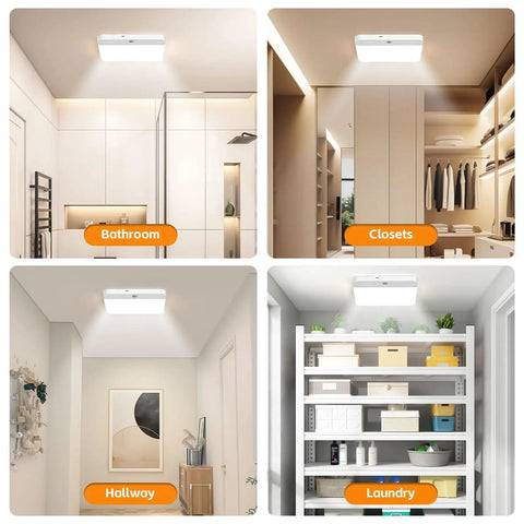 Rechargeable Motion Sensor LED Ceiling Light No Hassle Remote Included Wireless Battery Operated Closet Light 400LM Dimmable 3 Color Temperatures Motion Activated For Stair Hallway Garage Pantry 6000mAh Battery Auto Off 30 Minutes installed in bathroom, closet, hallway, and laundry room.
