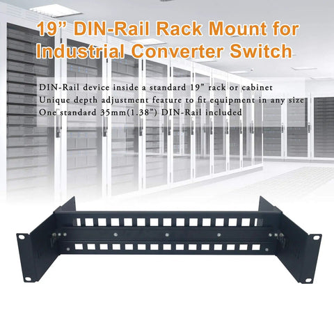Heavy Duty 19 Inch Rack Mount DIN Rail Kit with 35mm height DIN rail, adjustable depth bracket for media converters and switches.