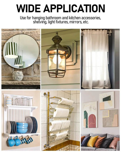 Wide application of All In One 200 Piece Drywall Anchors And Screws Kit for hanging bathroom accessories, shelving, mirrors and light fixtures.
