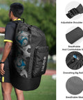 Man carrying Extra Large Mesh Ball Bag For Soccer, Basketball, Volleyball, Football And More, Giant Capacity Gear Bag with Heavy Duty Zipper Pocket, Black, showing adjustable strap.