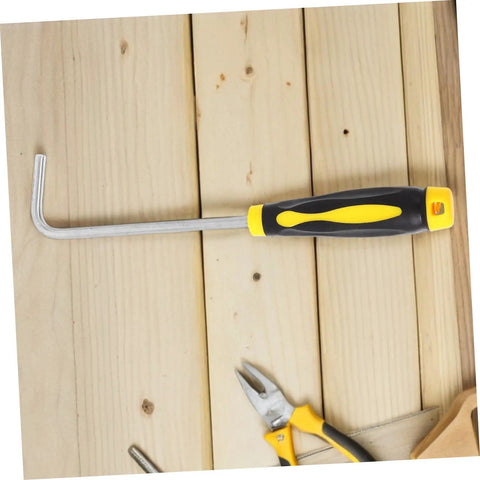 Multi Function Stainless Steel Roller Shutter Hook And Manhole Cover Lifter With Plush Rubber Grip on wooden surface.