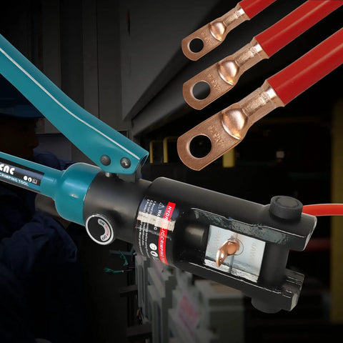 Close-up of 16 Ton Hydraulic Cable Lug Crimper Kit With 13 Die Sets for 9 AWG to 600 MCM Electrical Terminals in use.
