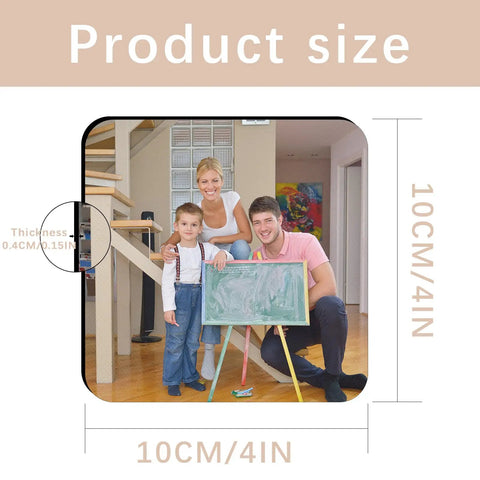 Family displaying 18 Pack Sublimation Coasters Blanks 4x4 Inches Square Cup Mats Rubber Base Non Slip For Sublimation Transfer