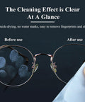 Glasses cleaning wipes: round metal eyeglasses shown before (smudged) and after cleaning with a wipe
