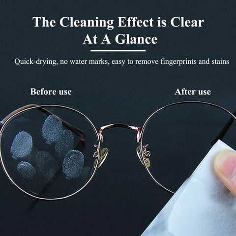 Glasses cleaning wipes: round metal eyeglasses shown before (smudged) and after cleaning with a wipe