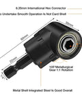 Right-angle drill attachment with hex socket, 105° rotation, black housing, side view
