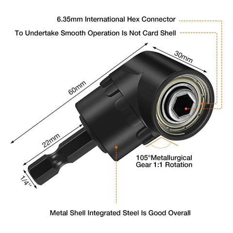 105° right angle drill adapter with 360° rotatable hex shank, dimensions labeled, ideal for home, workshop, and industry use.