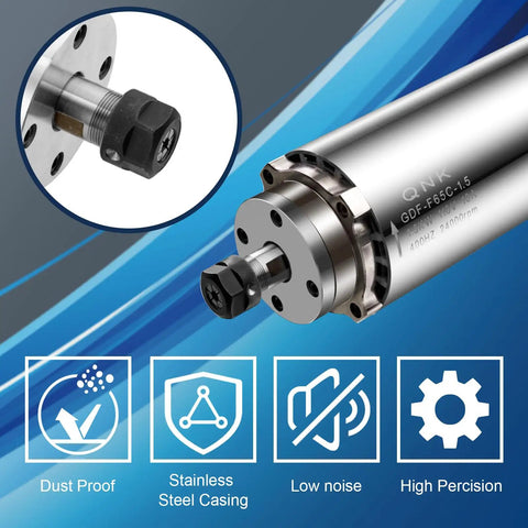 Air Cooled CNC Spindle Motor 1.5KW 110V 24000RPM With ER11 Collet 65mm Shaft stainless steel design and features icons