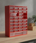 Industrial 33 Drawer Storage Cabinet With Removable Dividers And Transparent Polypropylene Drawers For Workshop Tools And Household Hardware Organization Shop Ready Garage Grade Heavy Duty Tool Chest And Customizable Small Parts Organizer, red front view