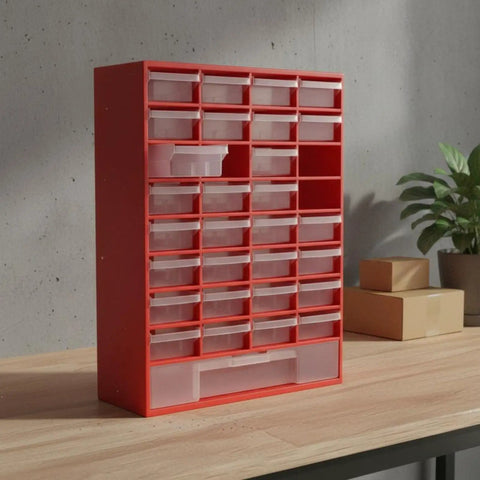 Industrial 33 Drawer Storage Cabinet With Removable Dividers And Transparent Polypropylene Drawers For Workshop Tools And Household Hardware Organization Shop Ready Garage Grade Heavy Duty Tool Chest And Customizable Small Parts Organizer, red front view