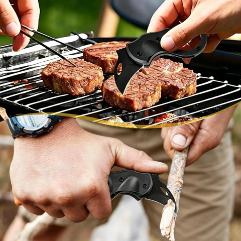 Mini Pocket Folding Knife With Carabiners 3Cr13 Stainless Steel used for grilling and wood carving outdoors.