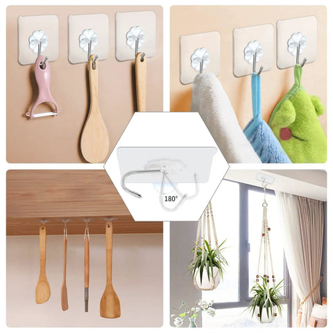 Heavy Duty Adhesive Wall Hooks 22lb Max, 50 Pack Transparent Sticky Hangers For Key Cups Hats Coats No Drill Required, Waterproof