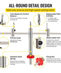 Solid Adjustable Hole Saw Kit With Steel Cutter Fits 40 To 200mm Range, Includes Dust Shield HSS Pilot Bits Plus Carbide And Wood Blades For DIY Sheetrock Slate And Veneer Projects Without Breakin Bones. infographic of adjustable hole saw parts with steel cutter, pilot bit, and scale
