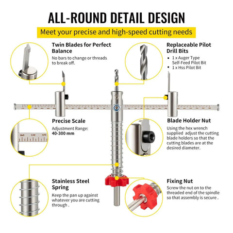 Solid Adjustable Hole Saw Kit With Steel Cutter Fits 40 To 200mm Range, Includes Dust Shield HSS Pilot Bits Plus Carbide And Wood Blades For DIY Sheetrock Slate And Veneer Projects Without Breakin Bones. infographic of adjustable hole saw parts with steel cutter, pilot bit, and scale
