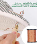 Close-up of sewing awl stitching shoe with brown thread spool inset; Three Spool Nylon Thread Sewing Kit With Pro Grade 3 Spools Of 80 Yards In Black White And Brown Heavy Duty Needles Set Five Straight And Two Curved Sewing Awl Ideal For Upholstery Leather Shoes And DIY Crafts.