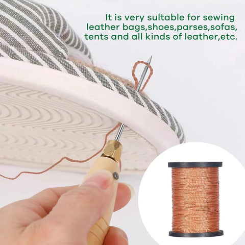 Close-up of sewing awl stitching shoe with brown thread spool inset; Three Spool Nylon Thread Sewing Kit With Pro Grade 3 Spools Of 80 Yards In Black White And Brown Heavy Duty Needles Set Five Straight And Two Curved Sewing Awl Ideal For Upholstery Leather Shoes And DIY Crafts.