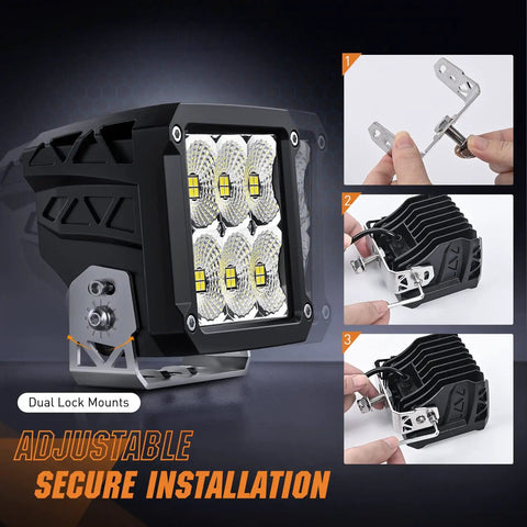 2 Pack 4 Inch LED Pod Lights 120W Each 13500LM Beast Bright Flood Beam 120 Degree dual lock mounts installation