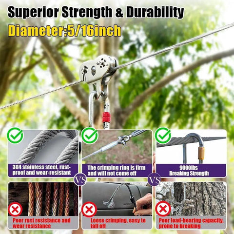 Heavy Duty 25 Ft 5 By 16 Inch Stainless Wire Rope Kit With 8Mm Cable in outdoor setting, superior strength highlighted.