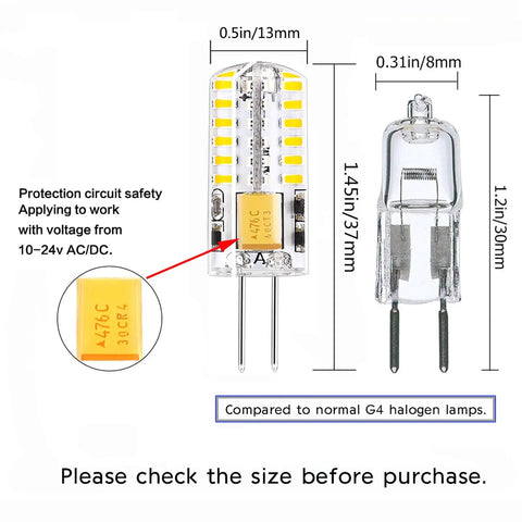 G4 LED Bulbs 12V AC/DC Bi-Pin Base For Landscape Lighting Non Dimmable 3W 2700K Warm White showing size comparison with halogen