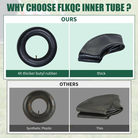 Comparison of Two Pack 3.50-8 Inner Tubes With TR-87 Valve Stem For Small Utility Equipment vs. regular tubes, showing thickness and material.