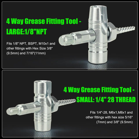 Heavy Duty Grease Zerk Cleaner Tool Set for Auto Shop and DIY Projects, 4-way grease fitting tools in large and small sizes