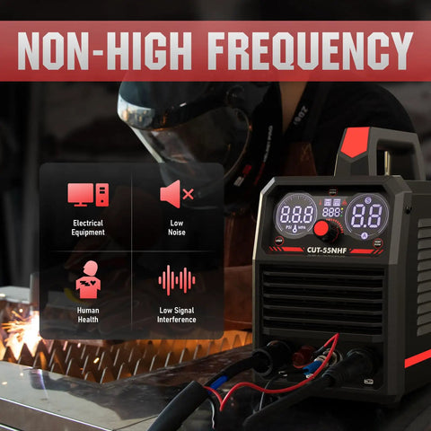 Plasma Cutter With Non High Frequency Non Touch Pilot Arc 55 Amp Dual Voltage 110 And 220V Large Digital Display Safe Blowback Start Built For DIY Hobbyists Garage And Shop Projects Smooth Reliable Cuts in use by person wearing safety gear in workshop.