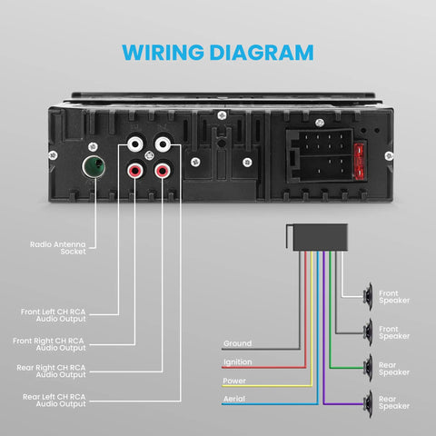 Back view wiring diagram of 12V Marine Bluetooth Receiver Stereo for Boats Single DIN In Dash Radio With Digital LCD USB SD MP3 RCA AM FM Remote