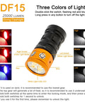 Beast Mode Bright Underwater Dive Light With 25000 Lumens featuring red, blue, and white light modes and controls for underwater use.
