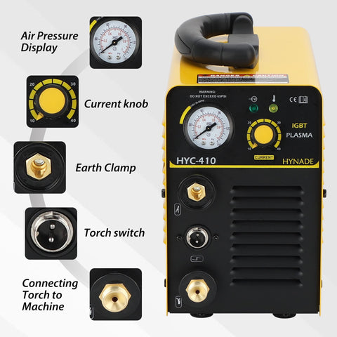 Front view of HYC410 110V Plasma Cutter, 35 Amp Air Plasma Cutter with control panel and connection ports for metal cutting