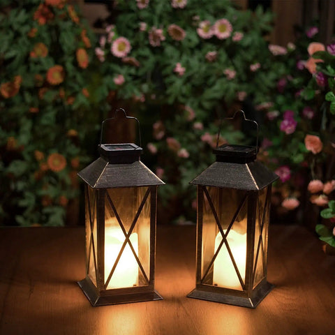 Outdoor Hanging Solar Lanterns Waterproof LED Lights For Porch Garden Patio Pathway Deck Yard Bronze Finish Two Pack