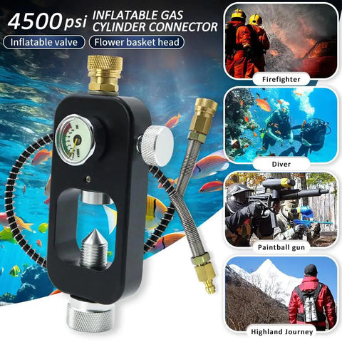 DIN Valve Scuba Adapter And PCP Paintball Fill Kit With 4500 PSI Air Hose, gauge, and quick connector for high pressure cylinders.