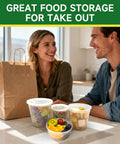Couple with brown bag, 50 Pack 32 Ounces Deli Containers With Lids Leak Proof BPA Free Plastic Takeout Bowls For Grab And Go Meals