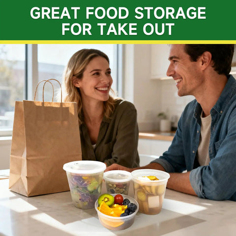 Couple with brown bag, 50 Pack 32 Ounces Deli Containers With Lids Leak Proof BPA Free Plastic Takeout Bowls For Grab And Go Meals