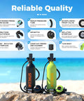 Two Mini Scuba Tank 1L For Shallow Water Dives And Underwater Work with pressure gauge on beach, features highlighted above