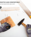 Front view of LOCCEF gray seamless knit work gloves with microfoam nitrile coating worn while hammering nails into wood