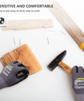 Person using hammer with MicroFoam Nitrile Coated Work Gloves, gray, size 10/XL, for excellent grip and dexterity. Visible nails on wood.