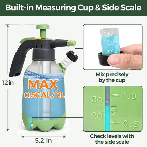 Hand Pump Sprayer 2L Garden Sprayer For Plants And Lawn Care with side refill design, built-in measuring cup and side scale for mixing.